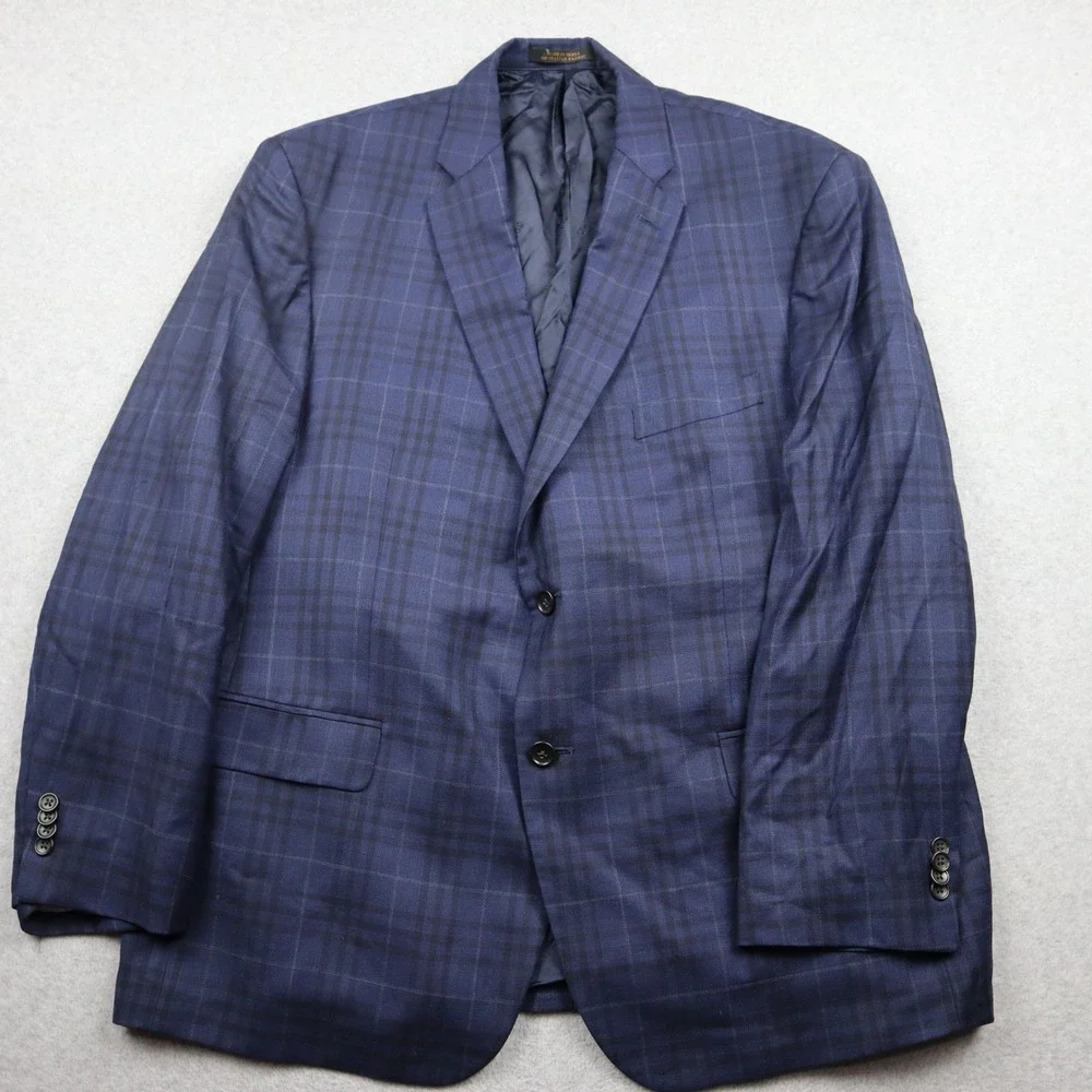Jos. A. Bank Wool Sport Coat Mens 48R Reserve Navy Blue Plaid Tailored Fit
